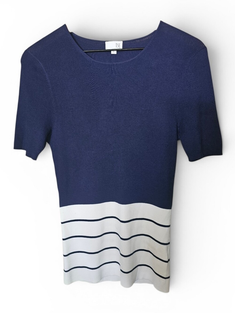 TSE Navy Short Sleeve Striped Scoopneck Sweater - Large
